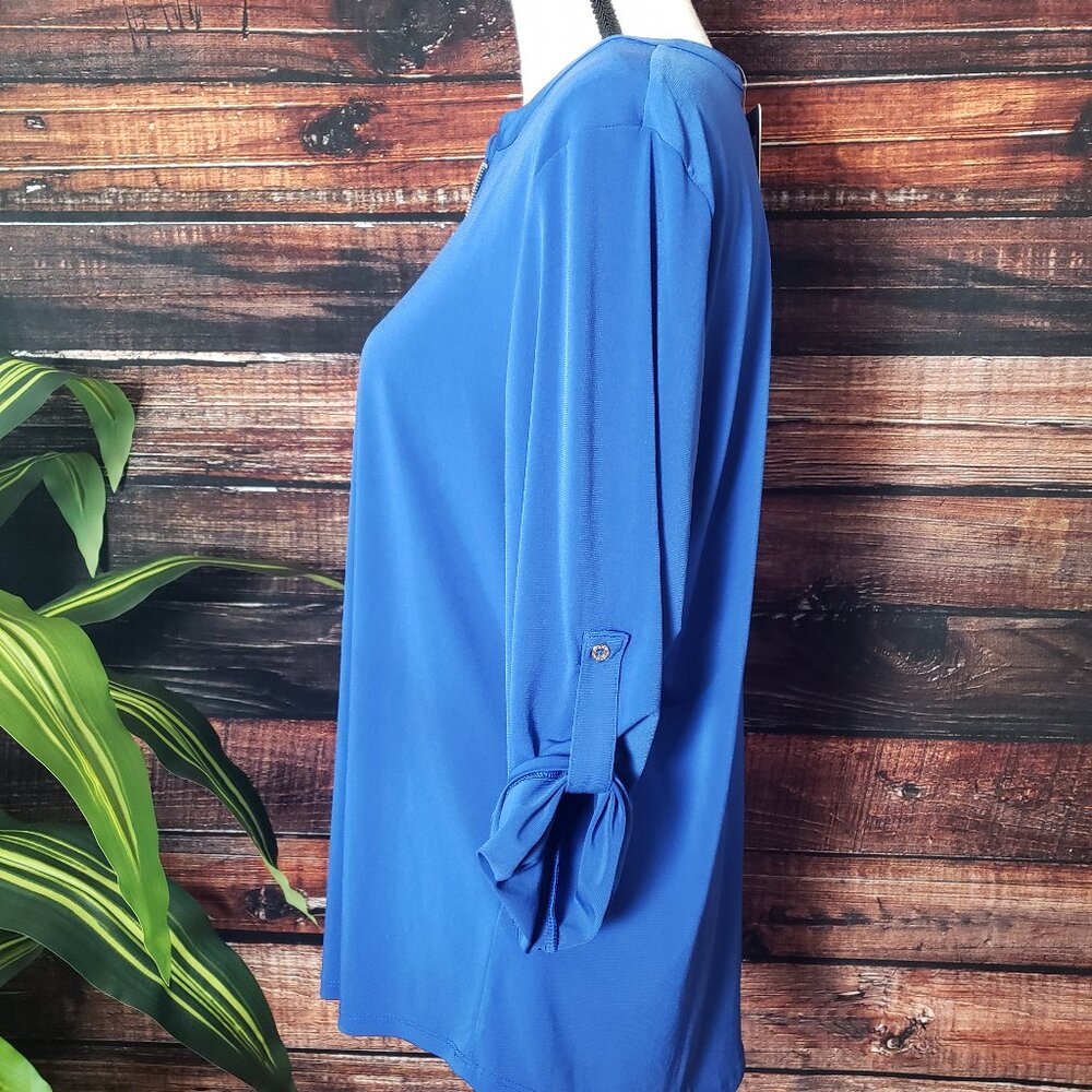 NWT Ellen Tracy Company Top L Zip Front Roll Tab Cuffs Blue - Picture 4 of 10